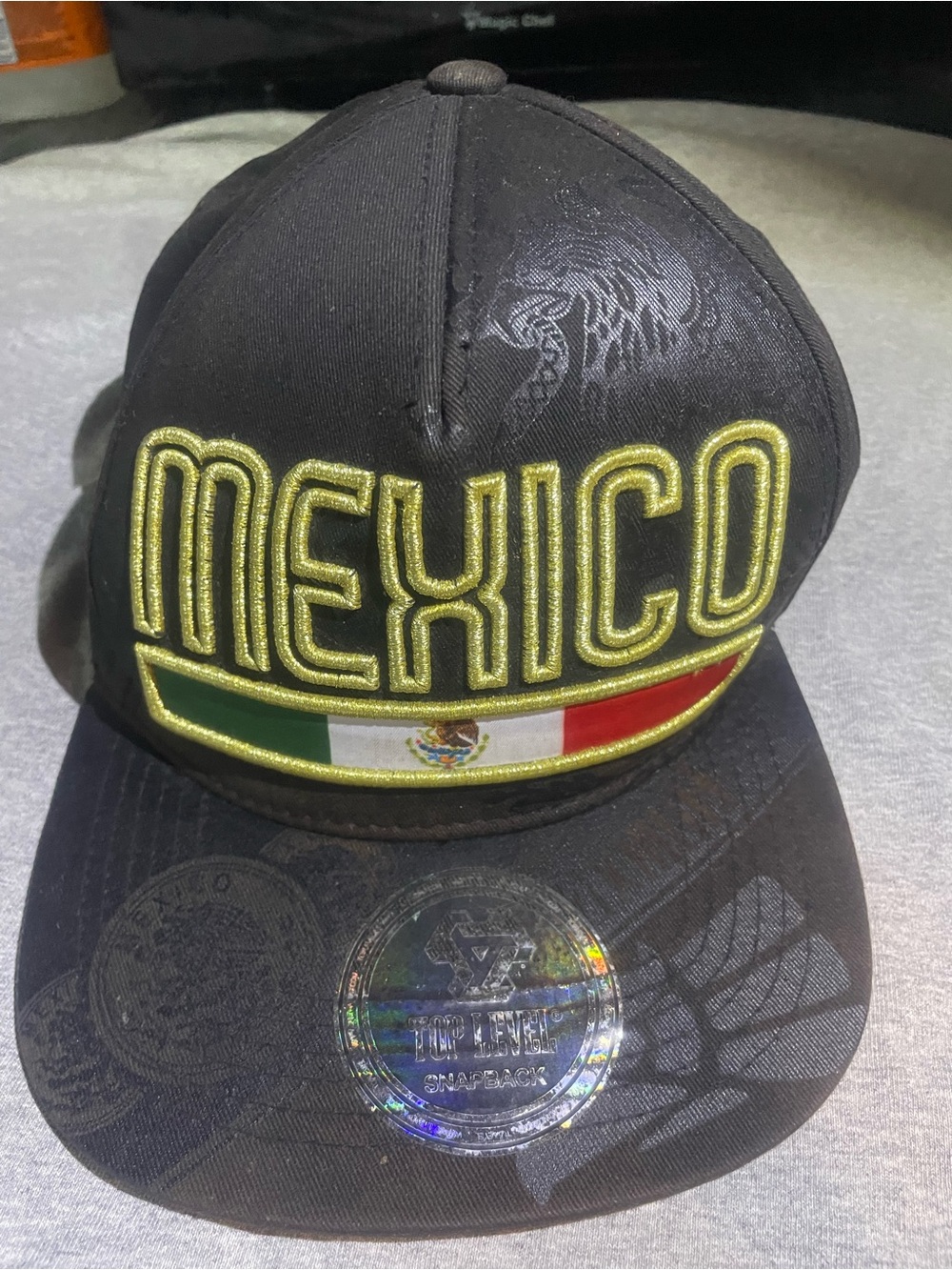 Mexico Embroidered Snapback Hat - Black with Gold Trim